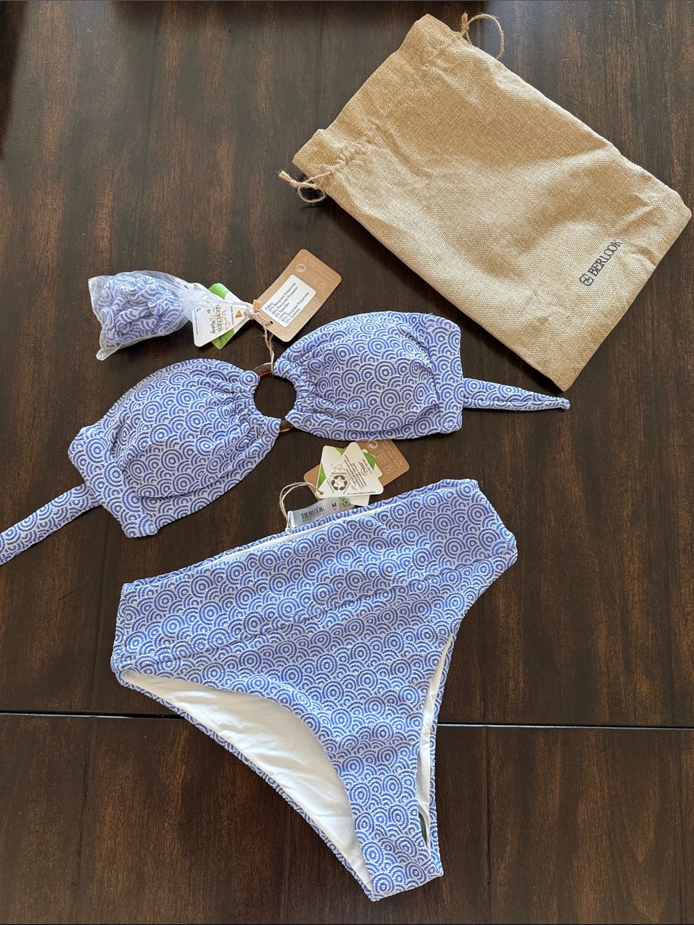 Berlook Blue Jacquard O-Ring Bikini Top  and Matching High Waist Bikini Bottom